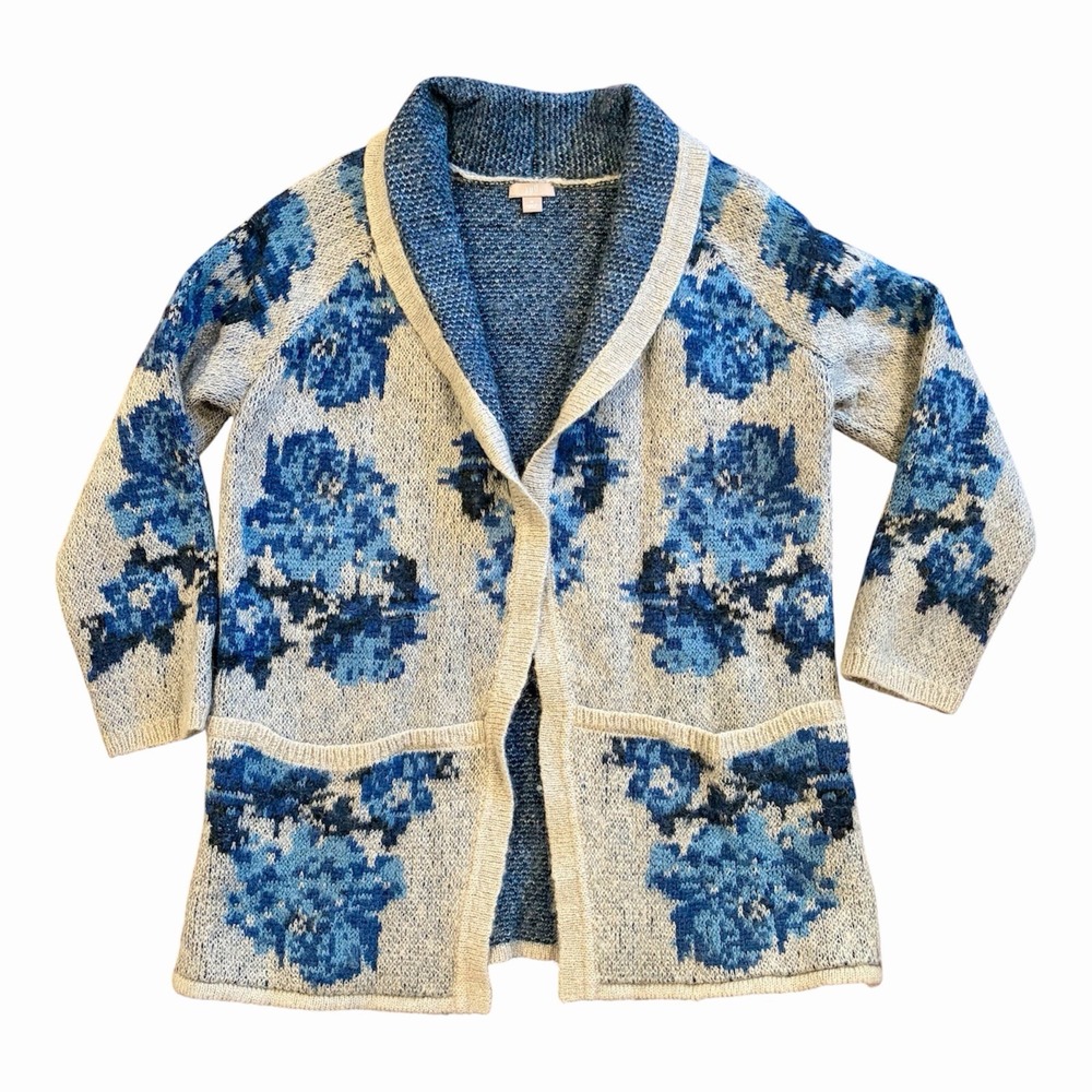 J.Jill Sweater Womens Medium Gray Blue Floral Long Sleeve Cardigan Single Button